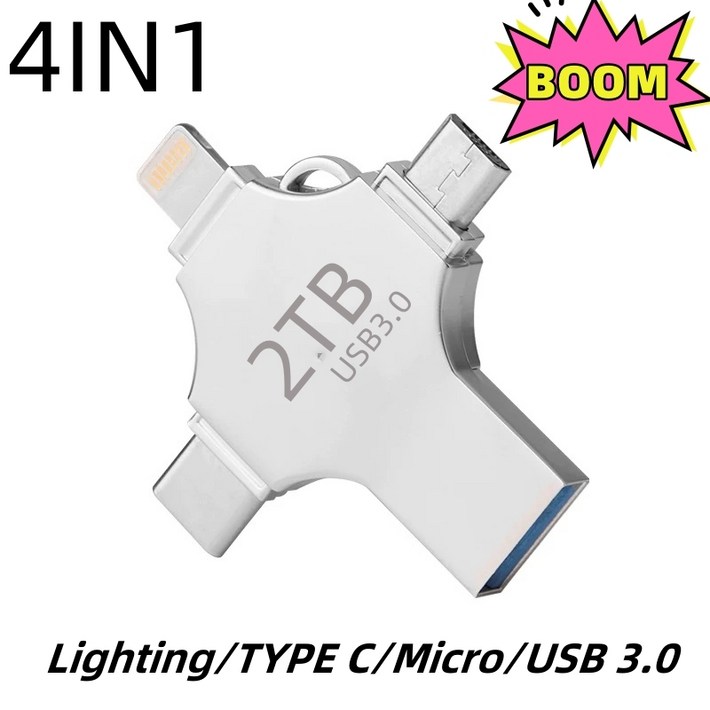 2TB 대용량 플래시 드라이브 3.0 USB 빠른 다운로드 금속 LightingMircoTYPE C 인터페이스 메모리, 1개, 2000GB