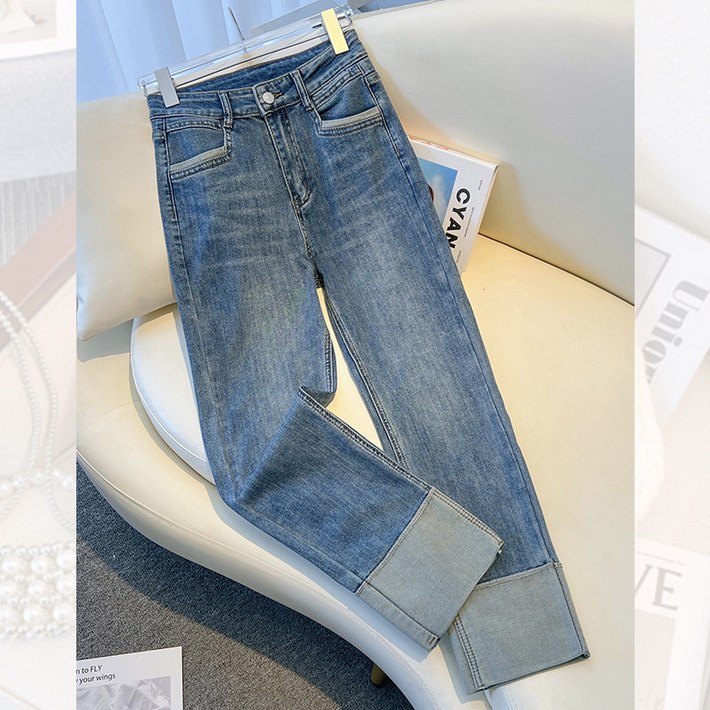 AOKADA 여성 겨울 기모 9부 데님 팬츠 키작녀 일자 통 청바지