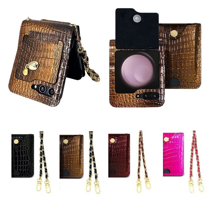 갤럭시 Z플립6 ZFLIP6 제트플립6 케이스 F741 F746 뉴플 국내 생산 천연 소가죽 에나멜 팸록커 카드 수납 포켓 지갑 메탈 체인 손목 스트랩 줄 끈 포함