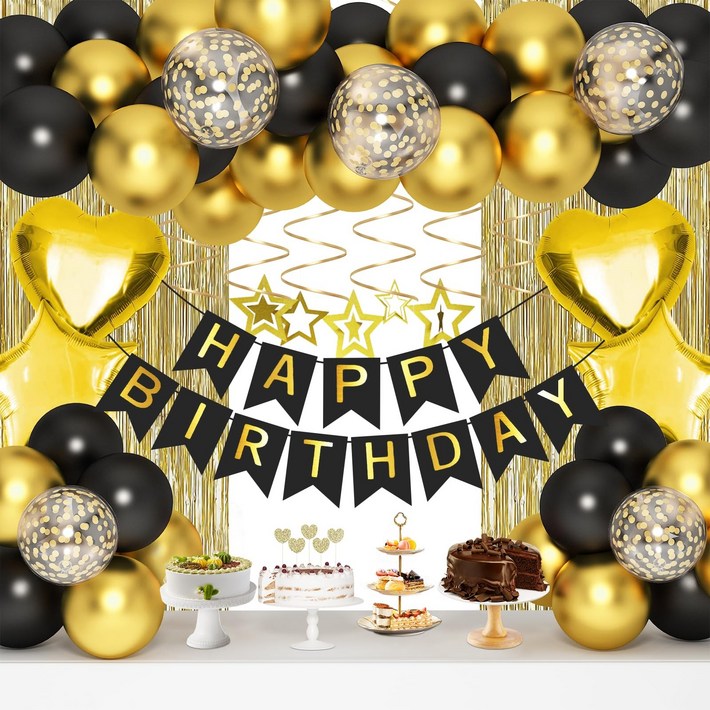 해피 생일풍선세트, 1개, 블랙골드