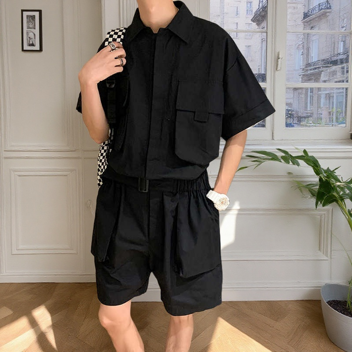 남자 점프슈트 여름 반팔 작업복 스트레이트 캐주얼 반바지 휴가룩