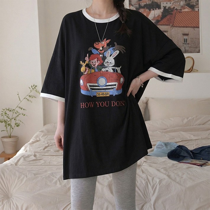 데일리앤 레이지 코튼 오버핏 빈티지 프린팅 배색 반팔 여성 7부 레깅스 티셔츠 봄 여름 가을