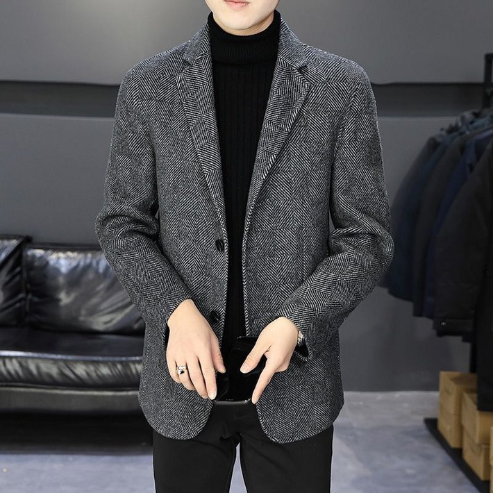 남성 베이직 헤링본 양면 싱글 모직 정장 자켓 코트 자켓 아우터 상의 가을 겨울