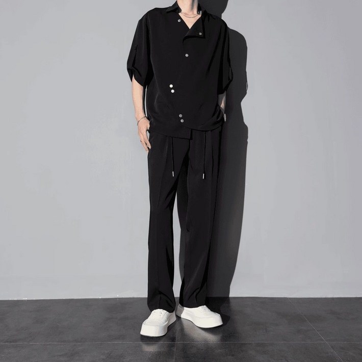 WEIHAN 남성 시원한 반팔 셋업  감성 무지 셔츠 와이드 팬츠  트렌디 여름용 코디