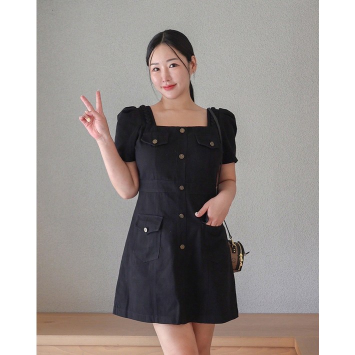 L4XL빅사이즈 블랙 데님 미니 원피스 퍼프소매 스퀘어넥 금장버튼 데이트룩 여친룩 하객룩 L4XL빅사이즈 블랙 데님 미니 원피스 퍼프소매 스퀘어넥 금장버튼 데이트룩 여친룩 하객룩