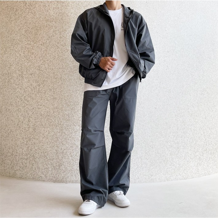 베럴댄나우 남자 오버핏 바람막이 후드집업  무릎 핀턱 와이드 팬츠 상하의 트레이닝 세트