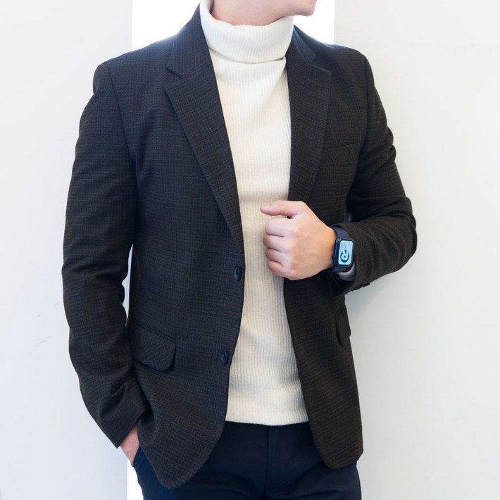 남자 체크패턴 카키색 클래식 투버튼 싱글 자켓BL014