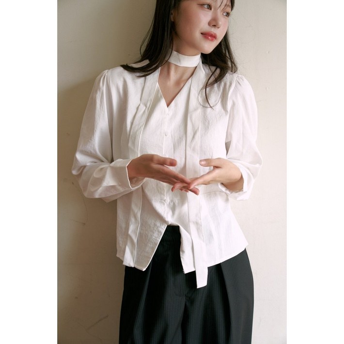 하객룩타이set 앤티크 브이넥 리본 페플럼 긴팔 블라우스 4color
