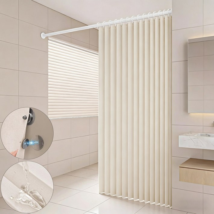 욕실 패브릭 샤워커튼 방수 곰팡이방지 자기흡인 건습분리 화장실 공간분리
