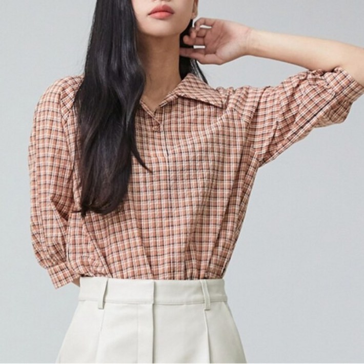 미쏘 조직감 체크 블라우스 MIWBLC827GT