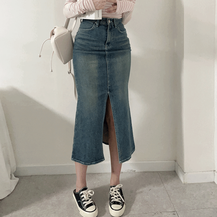 글램핏꾸안꾸 브리밍 스판 머메이드 데님 롱 스커트 SL