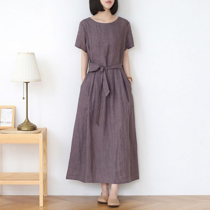 Unique 중년 여성 고급 린넨 롱 반팔 원피스 통기성 여름 면 마 루즈핏 엄마옷 빅사이즈