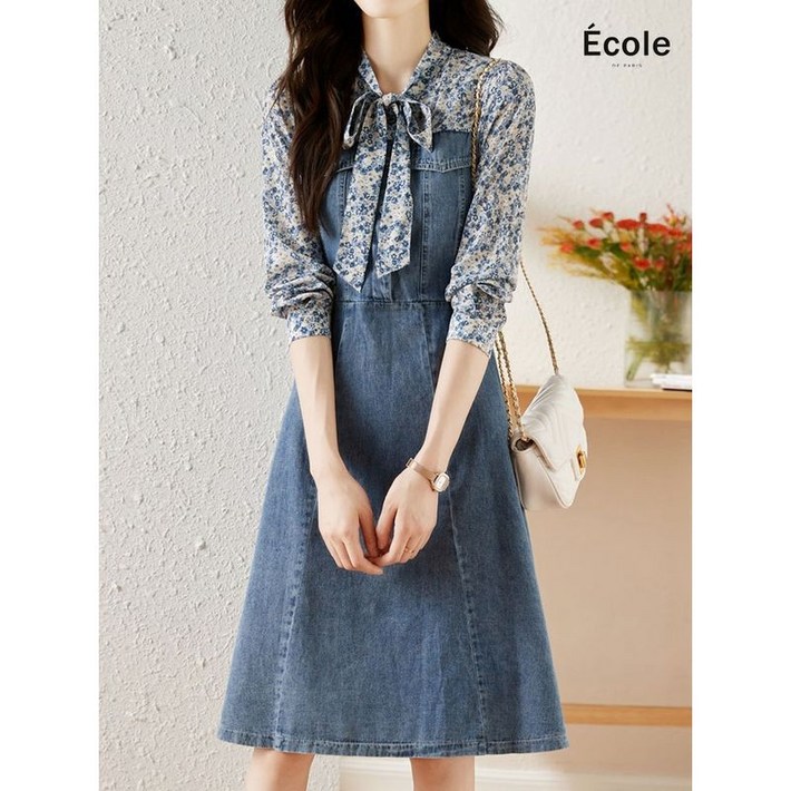 에꼴드파리 플라워 배색 데님원피스 F49WOB003Z