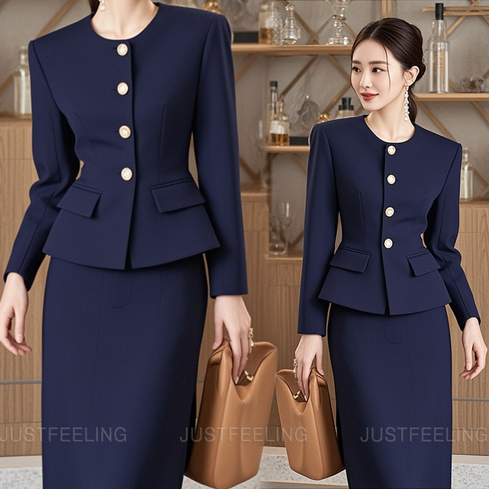 JUSTFEELING 고급스러움 정장 상하의 세트 슬림 크롭 자켓  롱 스커트 여성 치마 상하세트 D10U