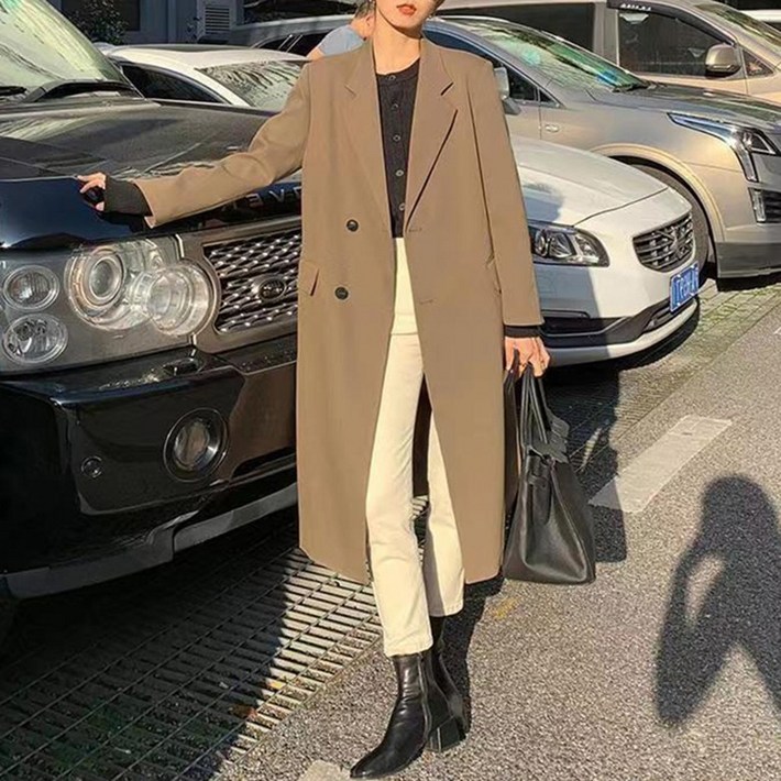 ORZQU 봄가을 여성 캐주얼 싱글 정장넥 양복 트렌치 코트 데일리 오피스룩