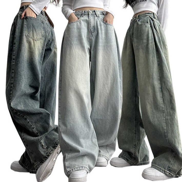 여성 기장수선NO숏,롱SXL 힙무드 벌룬핏 사이드 절개라인 와이드핏 워싱 데님팬츠 세미와이드 청바지 5color 67번