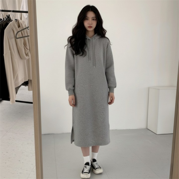 리파니 루즈핏 맨투맨 옆트임 기모 후드 롱 원피스