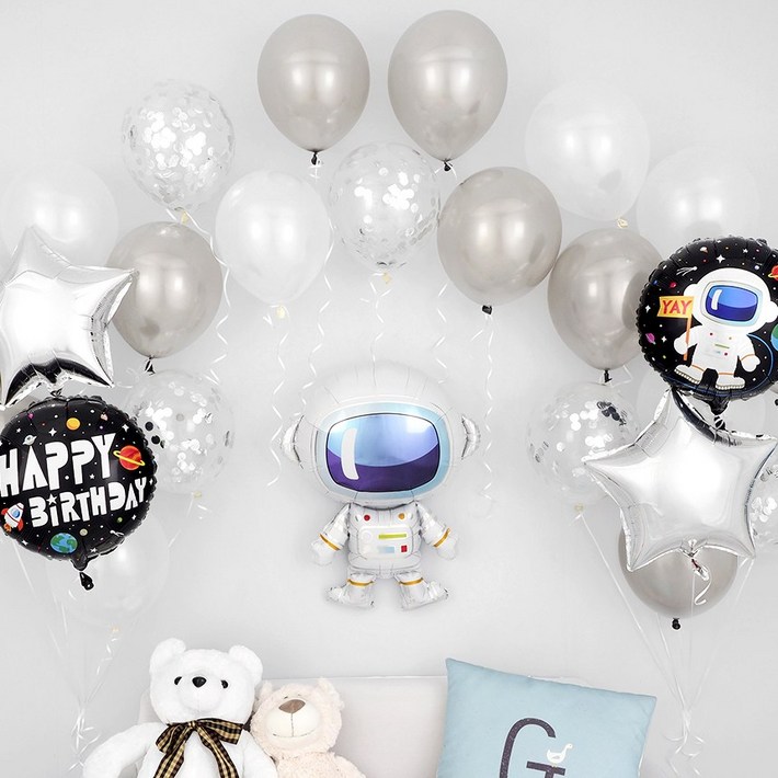 파티팡 A014 생일파티 풍선장식세트 우주인 은박도트실버 장식방법동봉 생일파티 파티용품 파티풍선, 단품, 1개