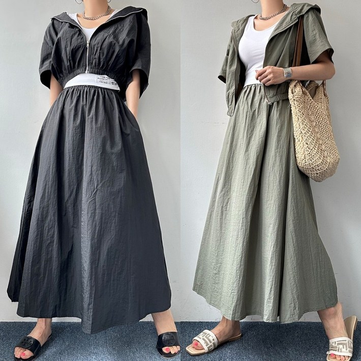 에이스토리 바스락 반팔후드집업 롱스커트 셋트