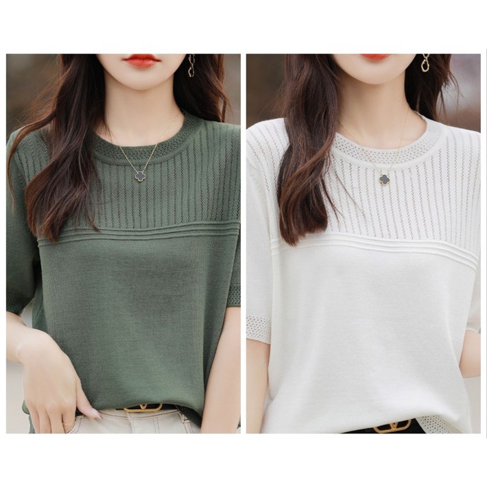 레노이 11 여성 아이스 실크 반팔 라운드 넥 얇은 여름 티셔츠 니트