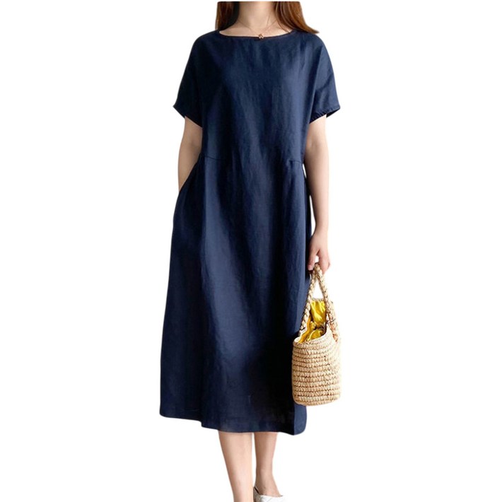 보씨엘 무지 반팔 원피스 라운드넥 포켓 기본 미디 롱원피스 루즈핏