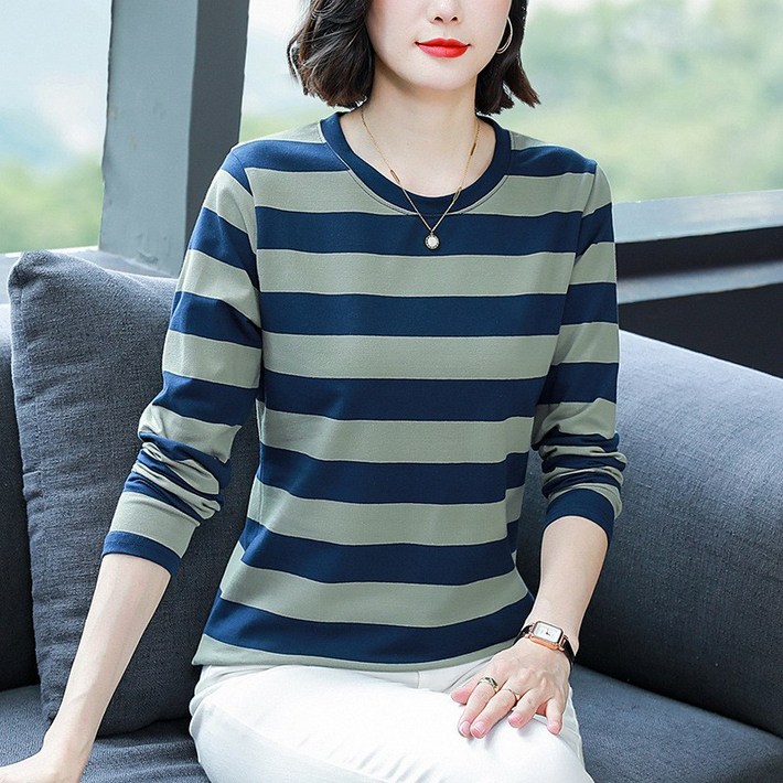 NEW 중년여성 반팔 티셔츠 라운드 스트라이프 단가라 루즈핏 상의 봄 여름 4060대 줄무늬티셔츠 빅사이즈 M5XL 배색반팔티 프리미엄 소프트 원단 엄마옷