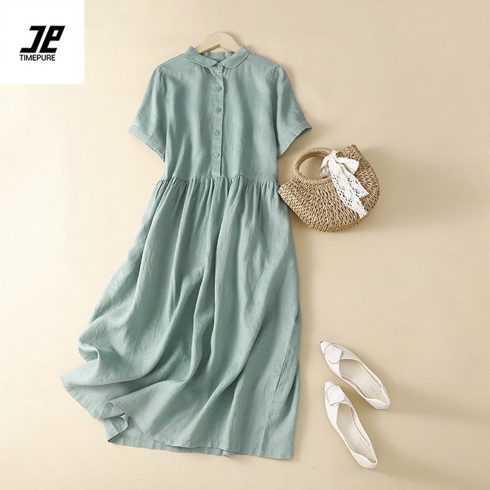 여성 시원 편안 린넨 소재 오버핏 A라인 롱 원피스 캐주얼한 디자인 봄 여름 가을 매력 반팔 스타일 활동적 일상 생활 안성맞춤 새로운 시즌스타일링