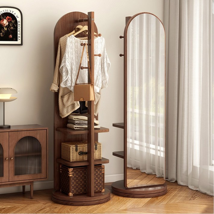 다용도 360도 스탠드형 회전 전신거울 수납 행거 원목 옷걸이, 갈색 나무색