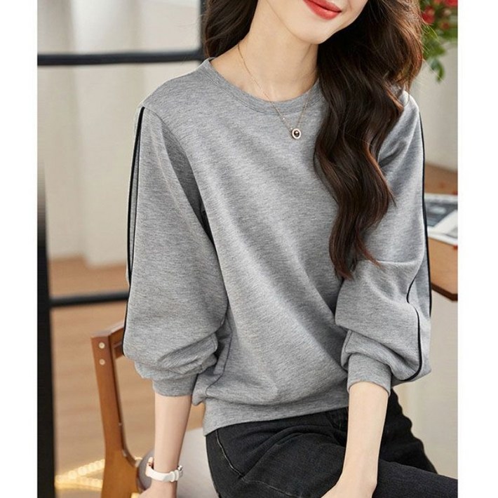 SAHINER 봄가을 여성 캐주얼 데일리 맨투맨 배색라인 루즈핏 스웨트셔츠 AWY64