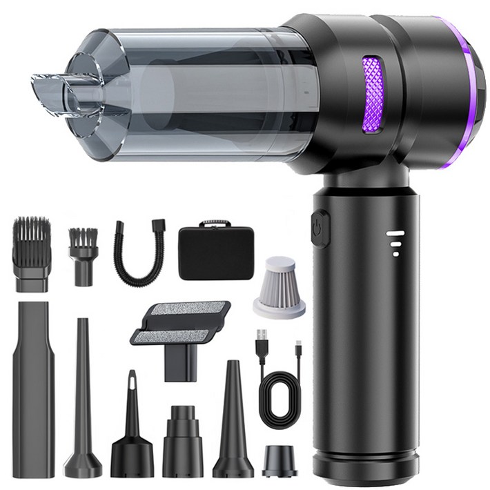 최신형 Voltmate 휴대용 무선 에어건 청소기 차량 가정 야외 흡취일체형 다기능 청소기 LED 전량 표시 BLDC 브러시리스 16000Pa TypeC 포트 진공 포장, 블랙