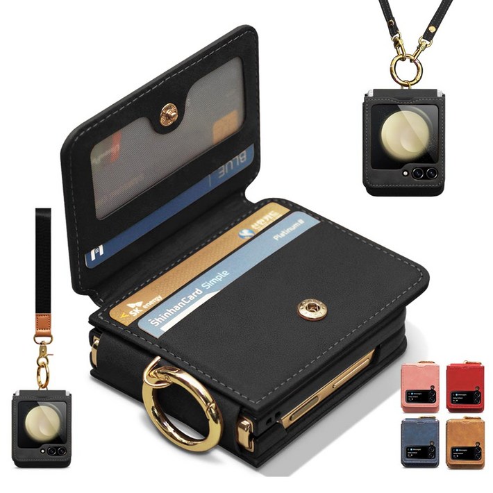 Z플립 7 6 5 4 3 손목, 어깨 스트랩 핑거 링 카드3장 수납 힌지보호 지갑형 갤럭시 제트 플립 카드 수납 PU 가죽 폰케이스 휴대폰 정품 삼성 핸드폰 케이스  제이콥스타일