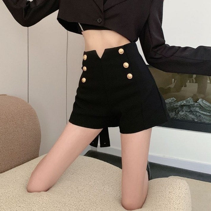 COSYEVNO 여성 봄여름 하이웨이스트 더블 버튼 슬림 숏팬츠 BCXdk10