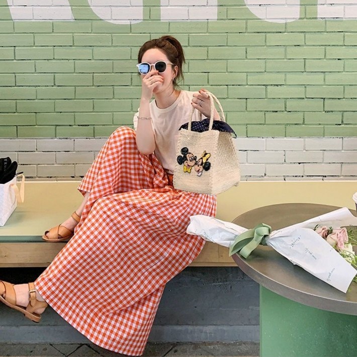 Aec go 여성 통바지 체크 빅사으즈 패션 치마바지