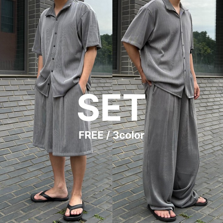 르위 오버핏 플리츠 반팔 카라 셋업 버뮤다팬츠 와이드 세트