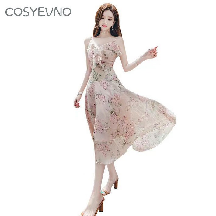 COSYEVNO 여름 신상 비치원피스 플라워원피스 허리가 잘록한 쉬폰 롱원피스 여성원피스