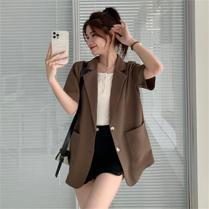 besteffie 여성 여름 반팔 자켓 캐주얼 오버핏 블레이저 포켓 단추 디자인 빅사이즈 정장 데일리룩 자켓 K83