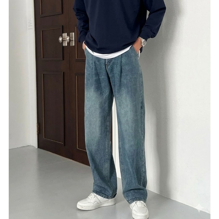 도시도시 남성용 빈티지 워싱 투턱 와이드 청바지 루즈핏 데님 팬츠