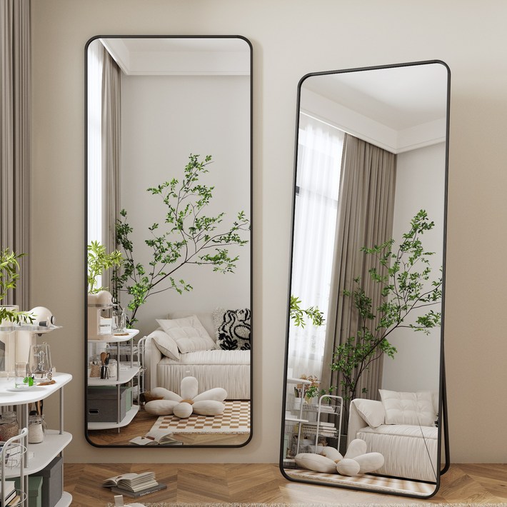 뷰티피크 라운드형 전신거울 3in1 스탠드 벽걸이 거치형 강화안전유리, 블랙