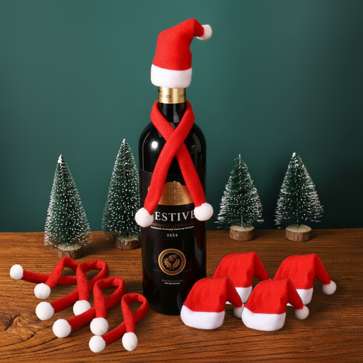 마켓투율 크리스마스 파티 와인 미니 산타모자목도리 세트 5p 뚜껑 커버 장식, 1개