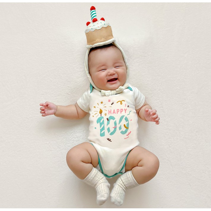 ikii 유아용 통기성 100일 기념 바디수트 반팔  케이크 모자  기프트 박스  쇼핑백