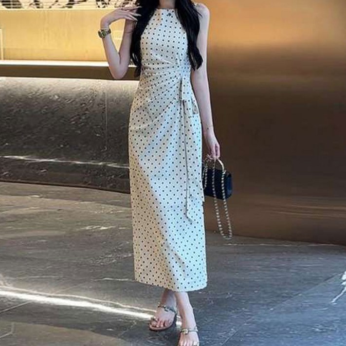 더시럽 여성용 사이드 셔링 빈티지 땡땡이 롱 원피스