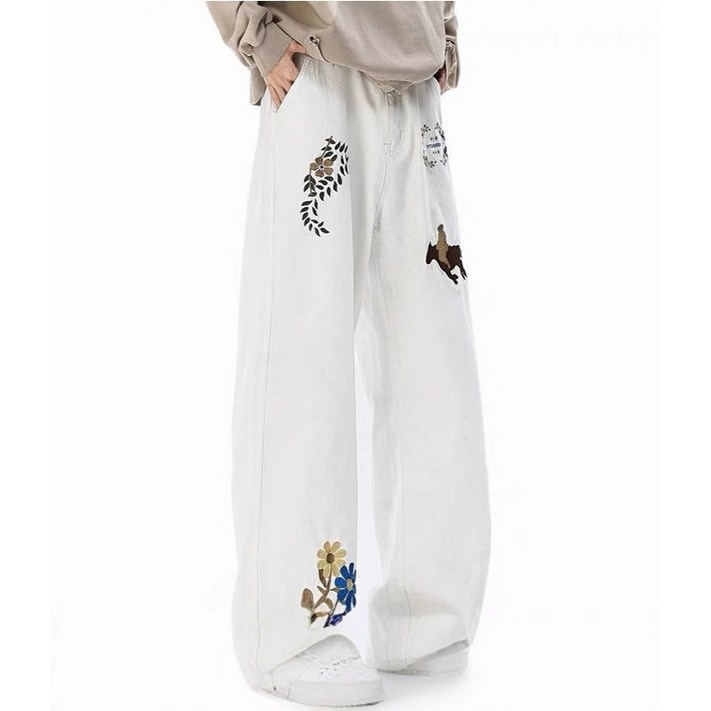 인어미남 남성 봄가을 자수 도안 고급스러운 화이트 데님 캐쥬얼 슬랙스 힙합스트레이트 롱 팬츠