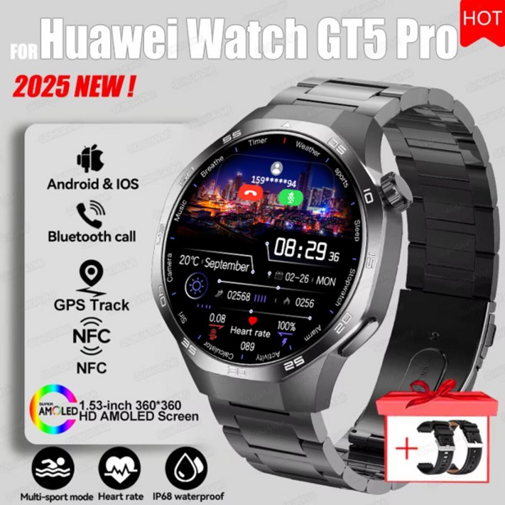 2025 화웨이 GT5 Pro GPS 트랙 스마트워치 남성용 360360 AMOLED 스크린 NFC BT 통화 방수 건강 모니터 남성 스마트워치