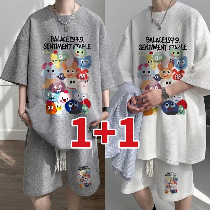 11 남자 오버핏 여름 반팔 라운드넥 프린트 트레이닝복 세트 반팔반바지 데일리 빅사이즈 직장인 티 다양한 체형 데일리트레이닝세트