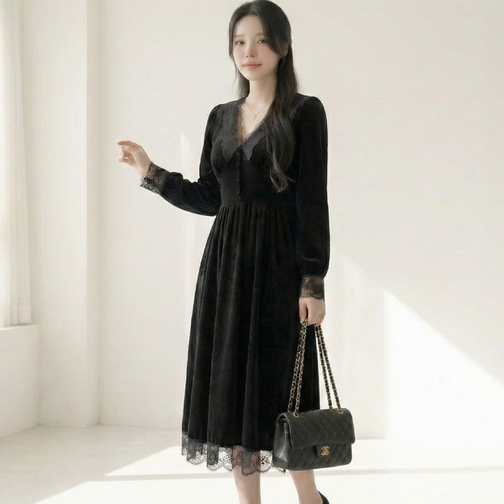 빅사이즈 여성 레이스 벨벳 롱원피스 D1196 러센드 봄가을용