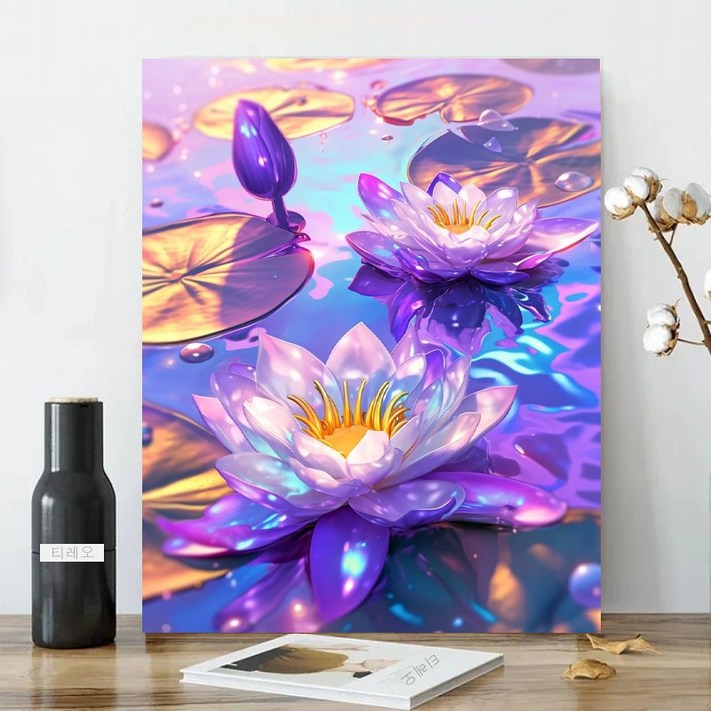 수련 보석십자수 캔버스형 보라색 연꽃 원형비즈 DIY키트 40x50cm 3D 대형 구슬 비즈 큐빅십자수