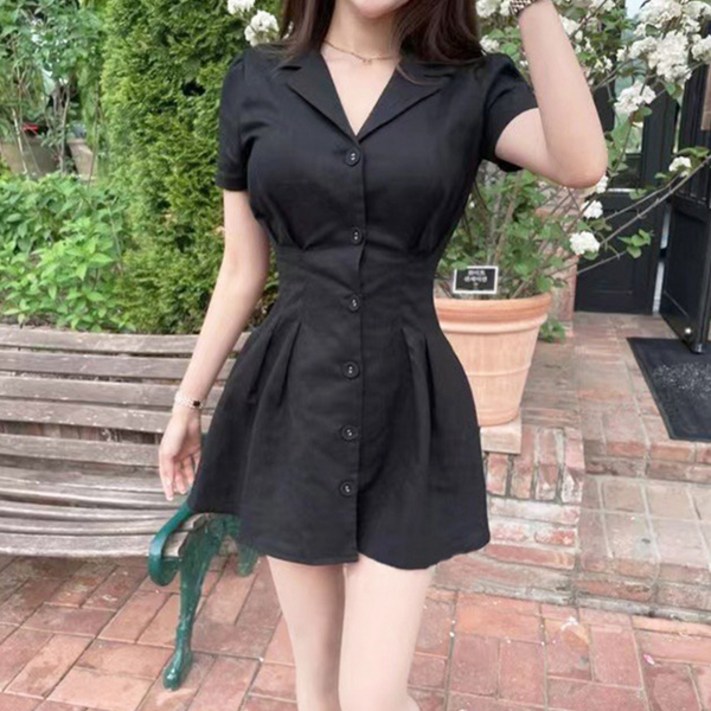 발리걸 청순 카라 린넨 반팔 셔츠 핀턱 플레어 미니 원피스
