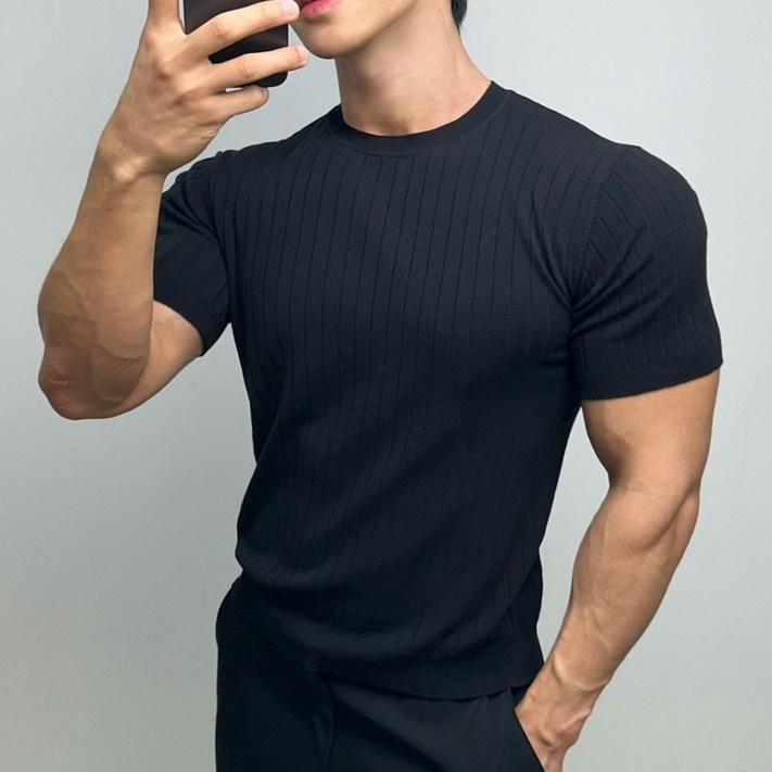 AMBEX 남자 여름 머슬핏 반팔 라운드 스트라이프 비스코스 니트 카라티 티셔츠 슬림핏