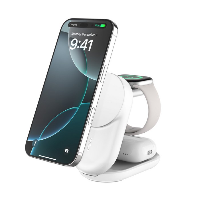 벨킨 울트라차지 3in1 Qi2 25W 폴더블 마그네틱 무선 초고속 충전기 WIZ037kr, 화이트WIZ037krWH, 1개