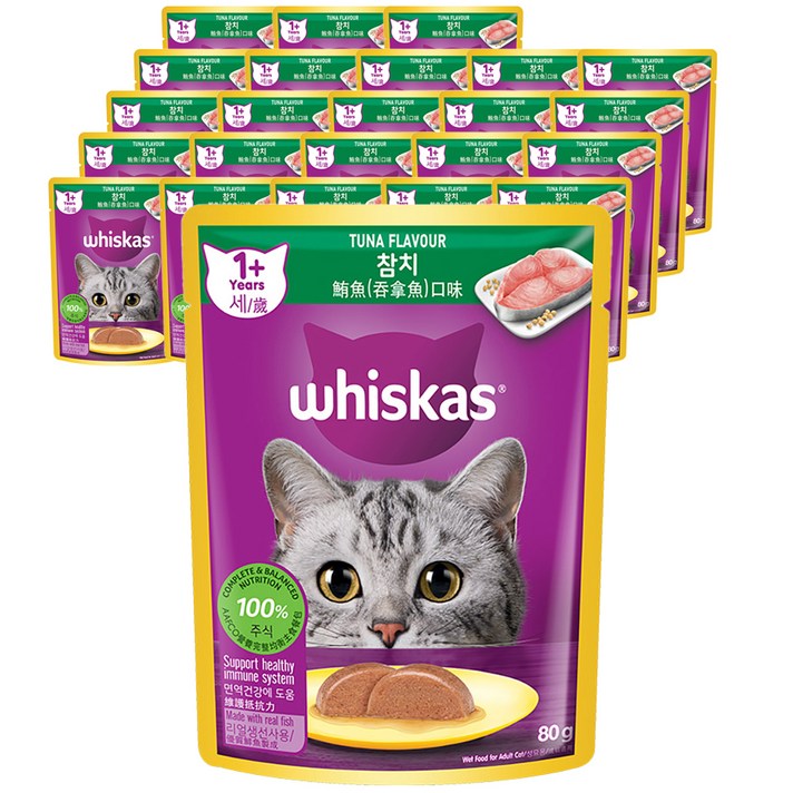 위스카스 고양이 주식 파우치 참치, 생선, 80g, 24개 위스카스 고양이 주식 파우치 참치, 생선, 80g, 24개
